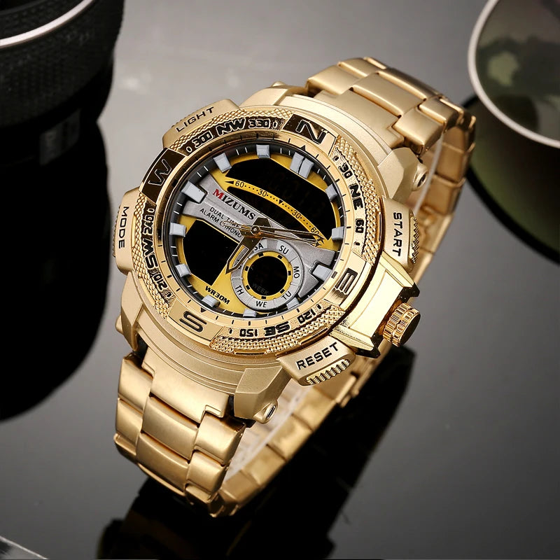MIZUMS Military Wrist Watches LED Digital Sport Watch Men Gold Stainless Steel Dual Display Quartz Clock Man Relogio Masculino