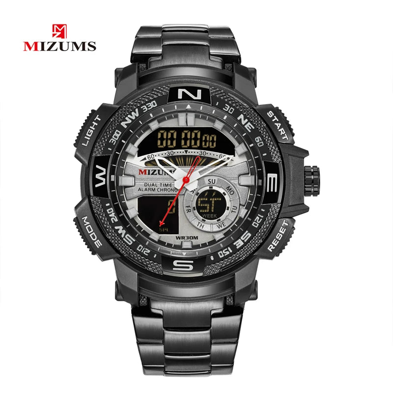 MIZUMS Military Wrist Watches LED Digital Sport Watch Men Gold Stainless Steel Dual Display Quartz Clock Man Relogio Masculino