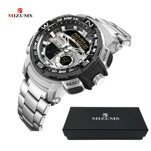 MIZUMS Military Wrist Watches LED Digital Sport Watch Men Gold Stainless Steel Dual Display Quartz Clock Man Relogio Masculino
