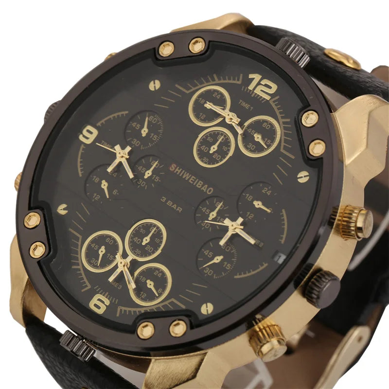 Shiweibao Cool Mens Watches Top Brand Luxury Quartz Watch For Men Four Time Zones Military Wristwatches Leather Relojes Hombre