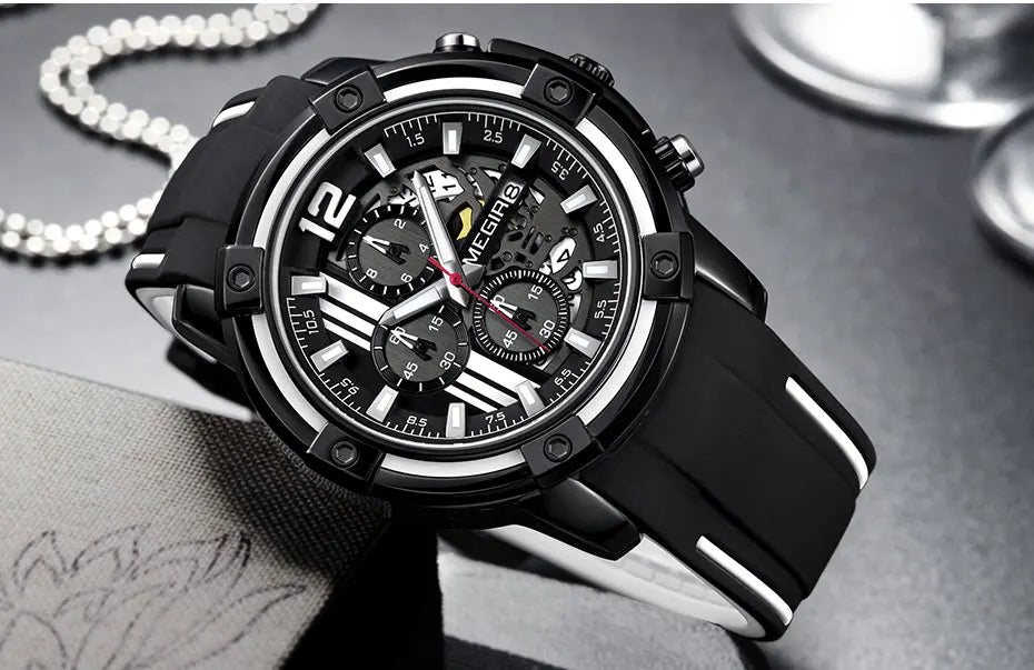 Megir Men's Sports Quartz Watches Army Military Chronograph Wristwatch for Man Luminous Relogios Masculino Clock 2097 Black Red