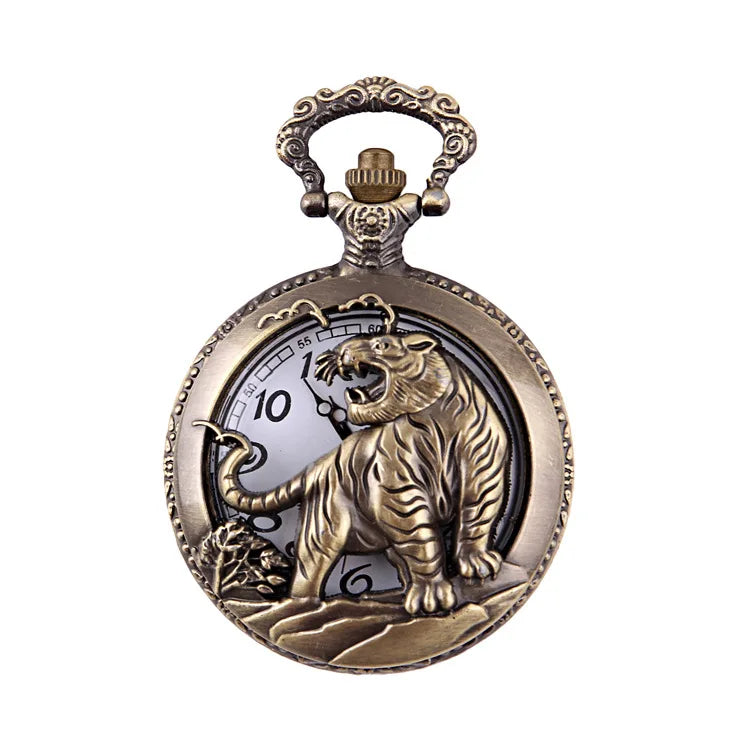 Bronze Tiger Hollow Quartz Pocket Watch Clock Necklace Pendant Womens Men GIfts Reloj De Bolsillo Dropshipping