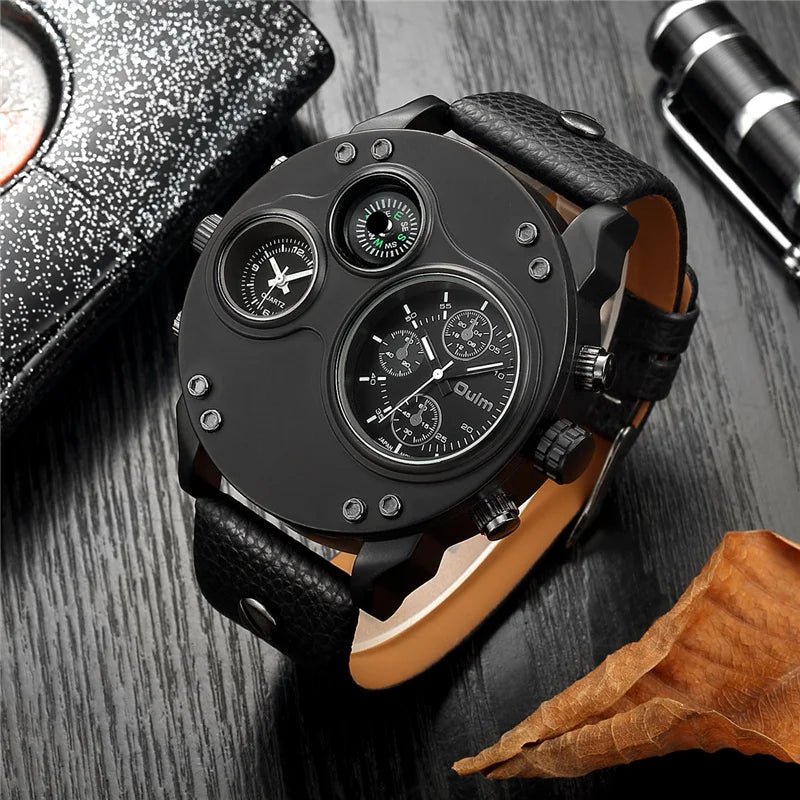 Oulm New Fashion Casual Sport Men's Watches Black Leather Dual Time Zone Wristwatch Male Quartz Big Size Luxury Military Watch