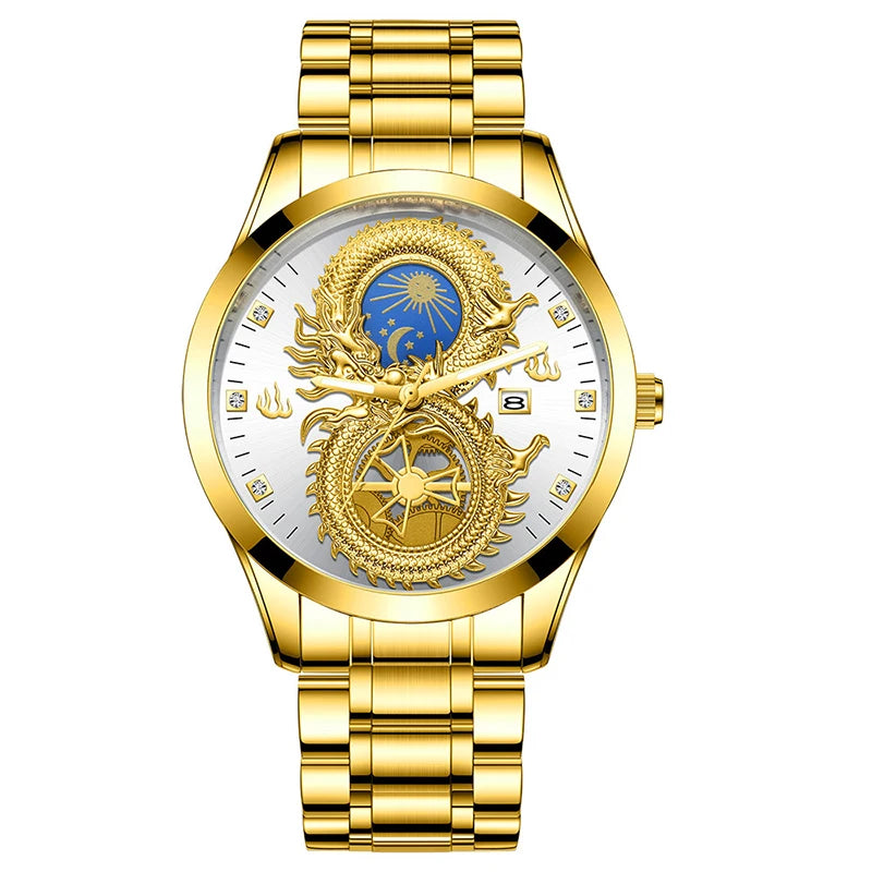Newly Dragon Phoenix Men's Luxury Business Watch Moon and Star Glow in the Dark Calendar Gold Plated Waterproof