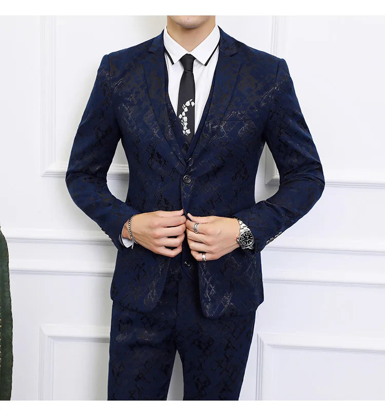 High-end Brand Suit Men Clothing Fashion Business Banquet Wedding Blazers Jacket with Vest and Pants Black / Blue Size 6XL