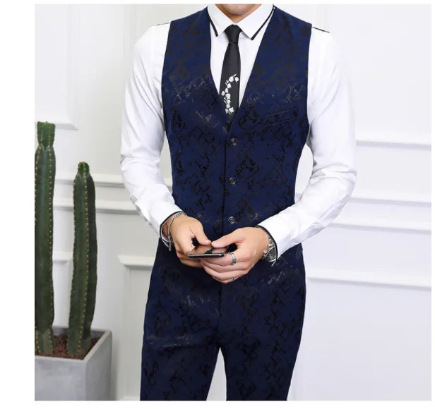 High-end Brand Suit Men Clothing Fashion Business Banquet Wedding Blazers Jacket with Vest and Pants Black / Blue Size 6XL