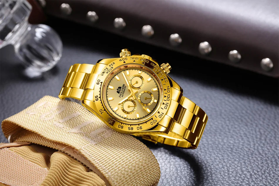 Automatic Watches Self Wind Mechanical Gold Stainless Steel Glacier Ice Blue Dial Chestnut Brown Bezel Luminous Men Watch