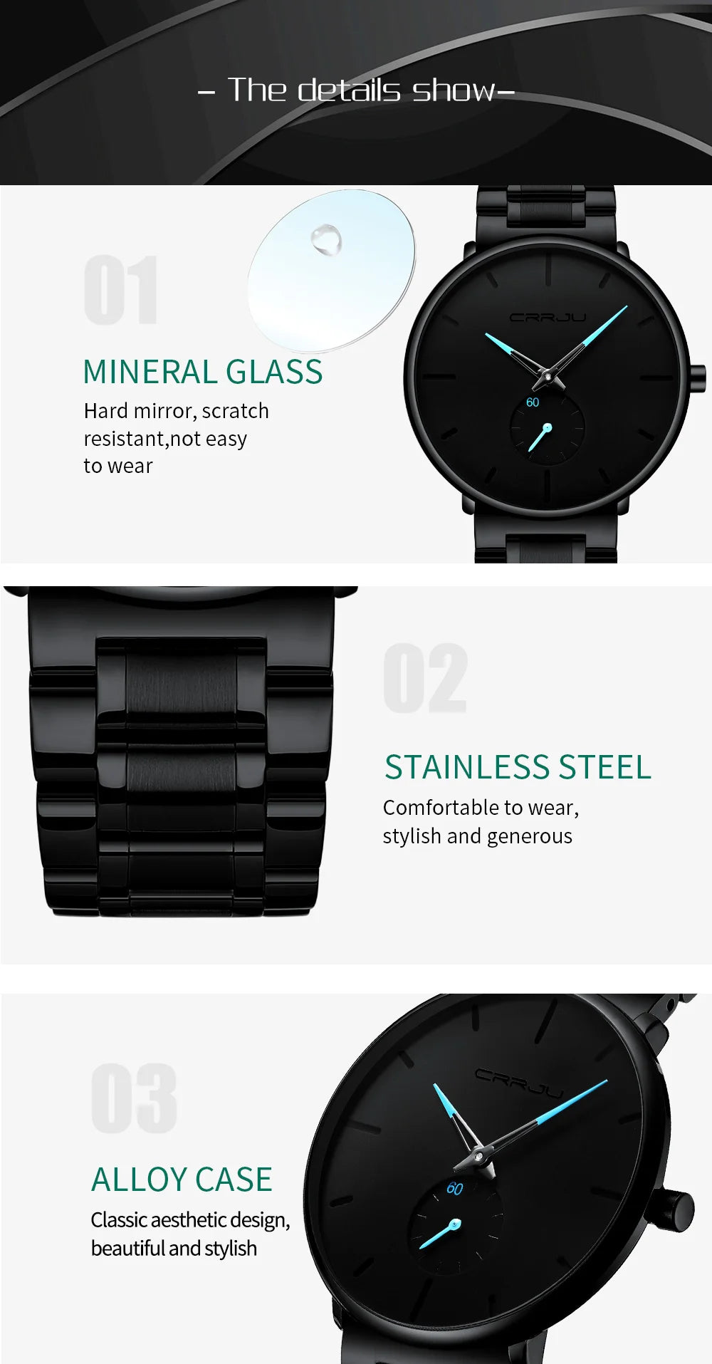 CRRJU Mens Watches Stainless Steel Men's Wrist Watch Casual Luxury Waterproof Sport Watch for Men Quartz Watch Relogio Masculino