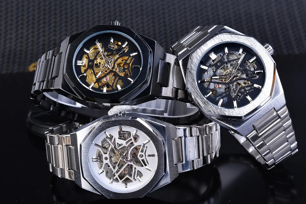 Forsining Fashion Steampunk Men's Automatic Mechanical Watch Hollow Skeleton Design Black Dial Waterproof Business Wristwatches