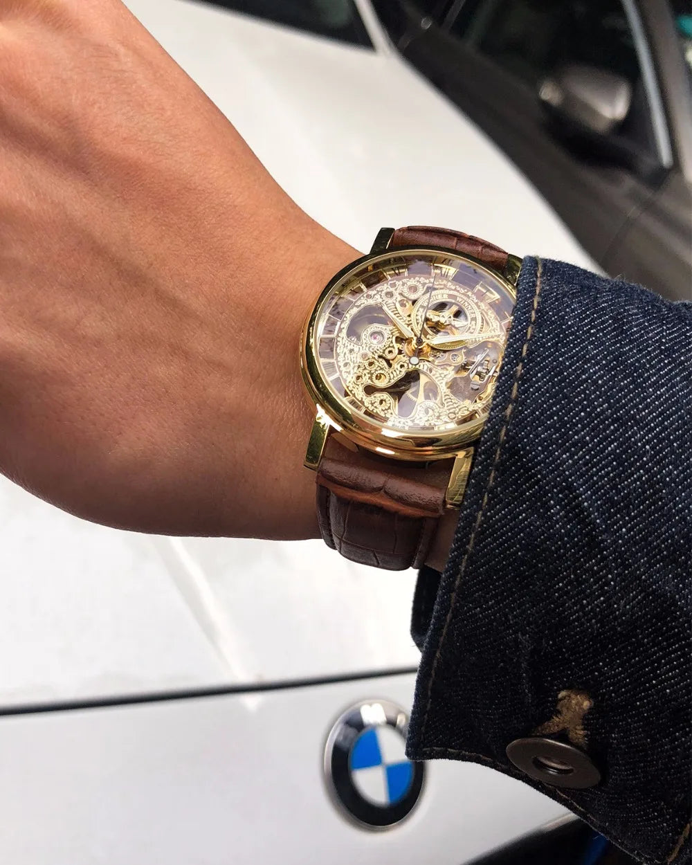 Winner Transparent Golden Case Luxury Casual Design Brown Leather Strap Mens Watches Top Brand Luxury Mechanical Skeleton Watch