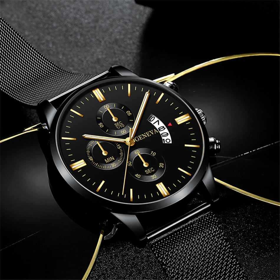 2023 Men's Fashion Business Calendar Watches Men Luxury Blue Stainless Steel Mesh Belt Analog Quartz Watch relogio masculino