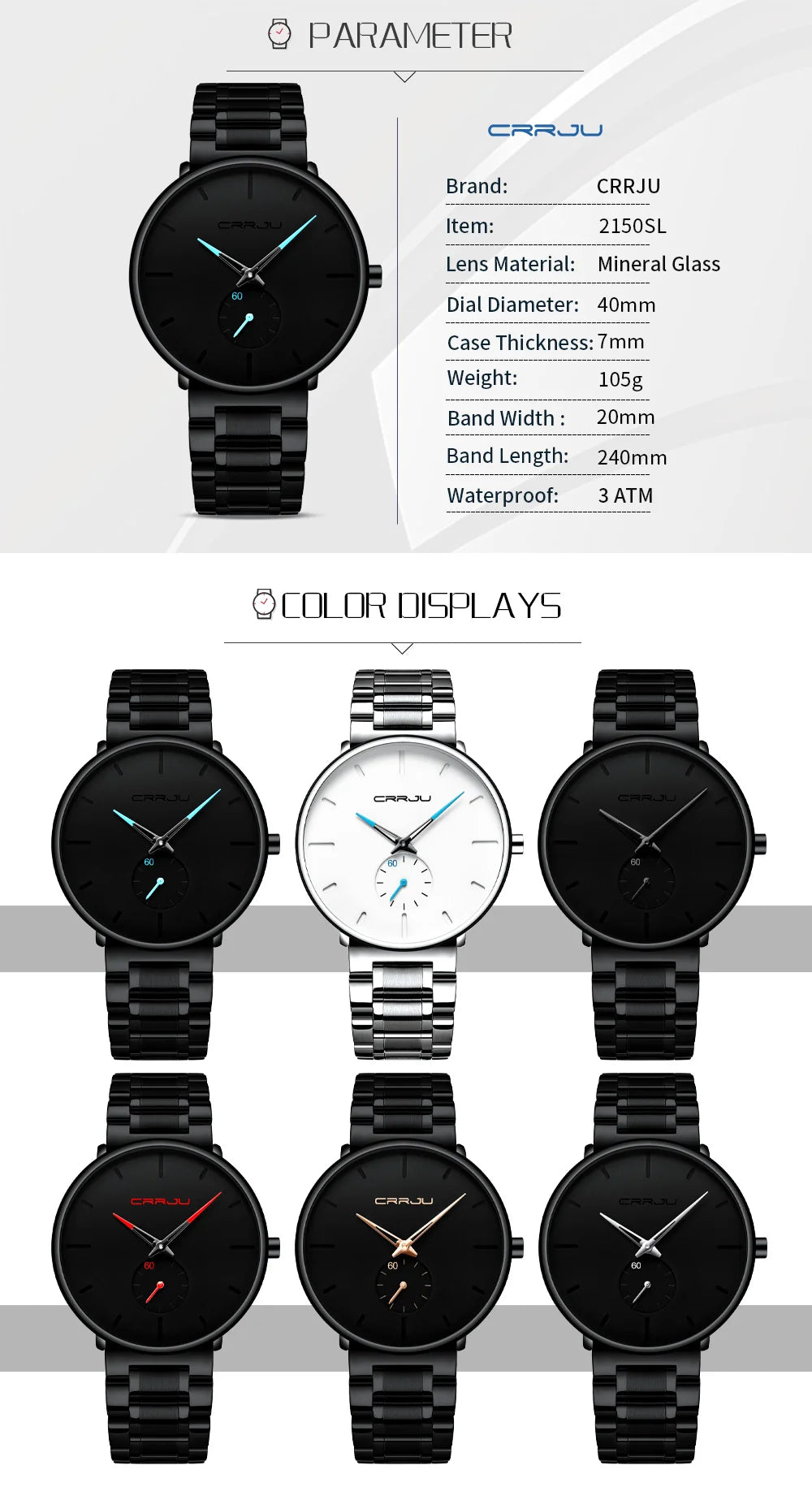CRRJU Mens Watches Stainless Steel Men's Wrist Watch Casual Luxury Waterproof Sport Watch for Men Quartz Watch Relogio Masculino