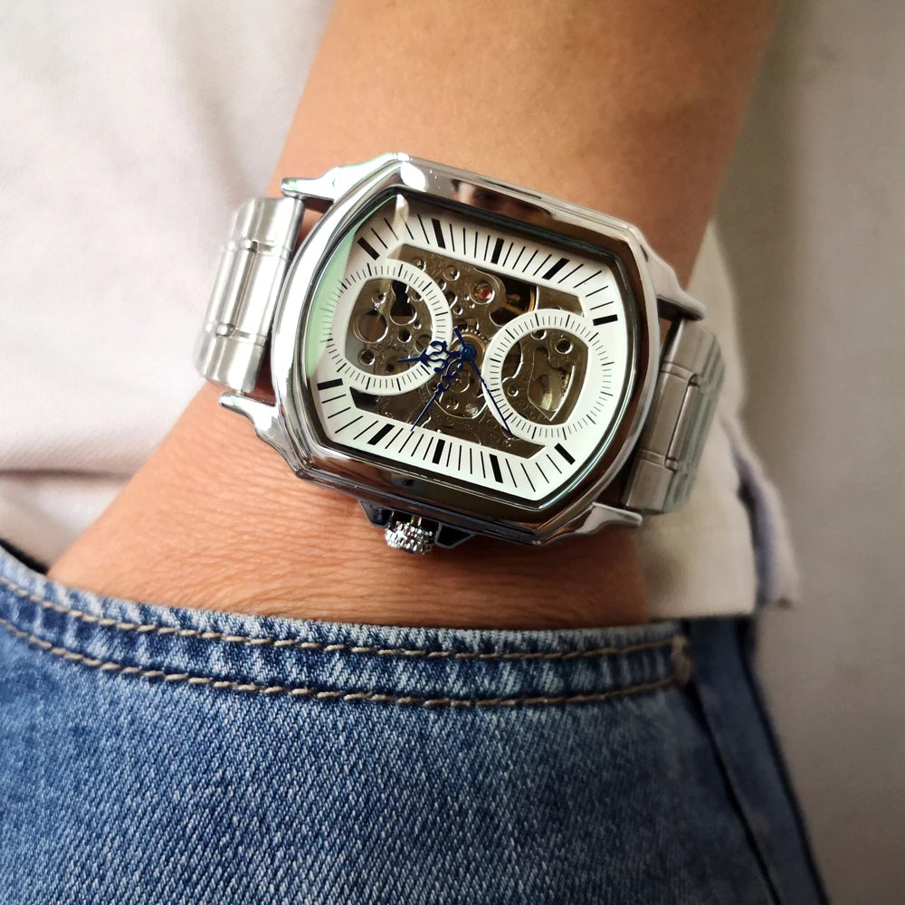 Luxury Mens Watches Tonneau Silver Transparent Skeleton Watch for Men Mechanical Hollow Out Wristwatches Stainless Steel Strap