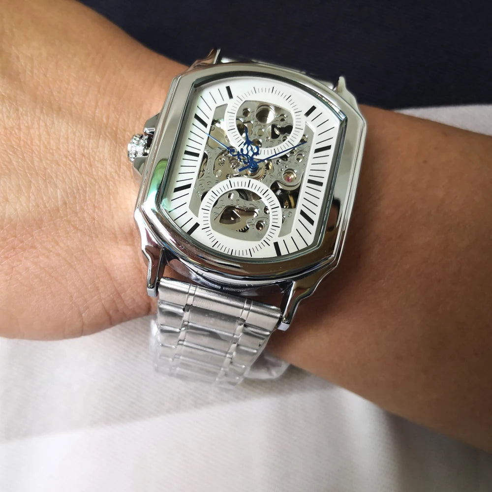 Luxury Mens Watches Tonneau Silver Transparent Skeleton Watch for Men Mechanical Hollow Out Wristwatches Stainless Steel Strap