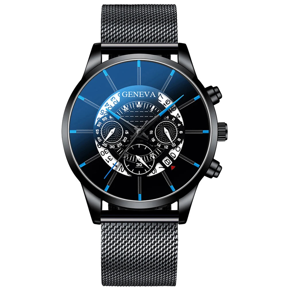 reloj hombre Mens Fashion Business Calendar Watches Blue Stainless Steel Mesh Belt Analog Quartz Wrist Watch relogio masculino