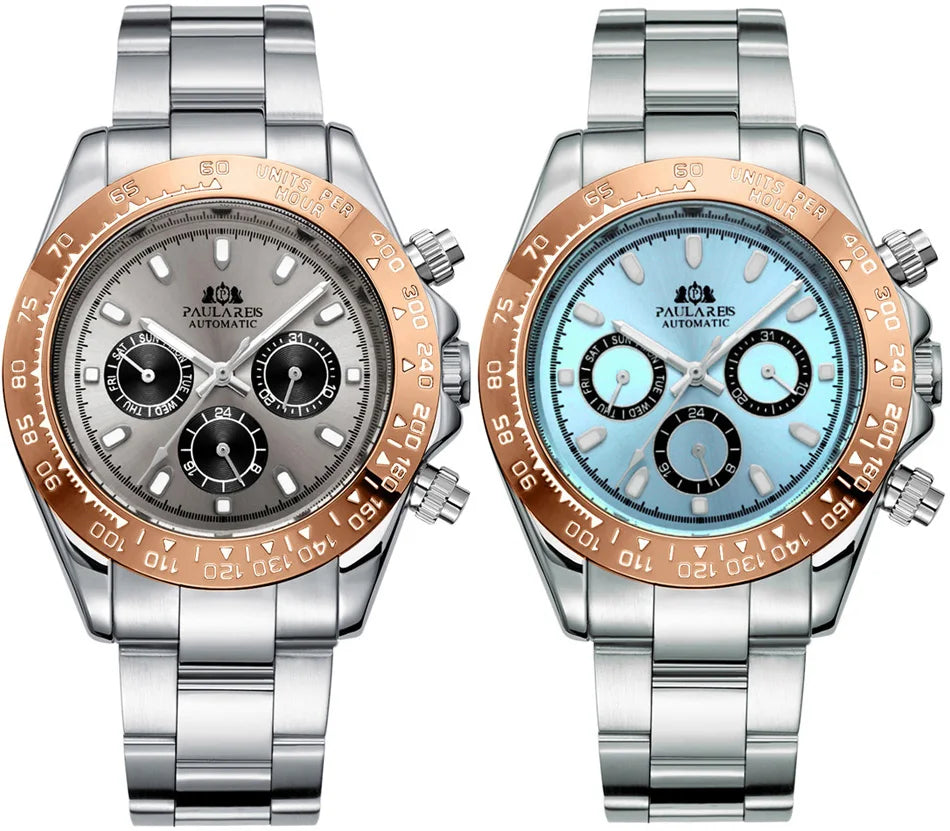 Automatic Watches Self Wind Mechanical Gold Stainless Steel Glacier Ice Blue Dial Chestnut Brown Bezel Luminous Men Watch