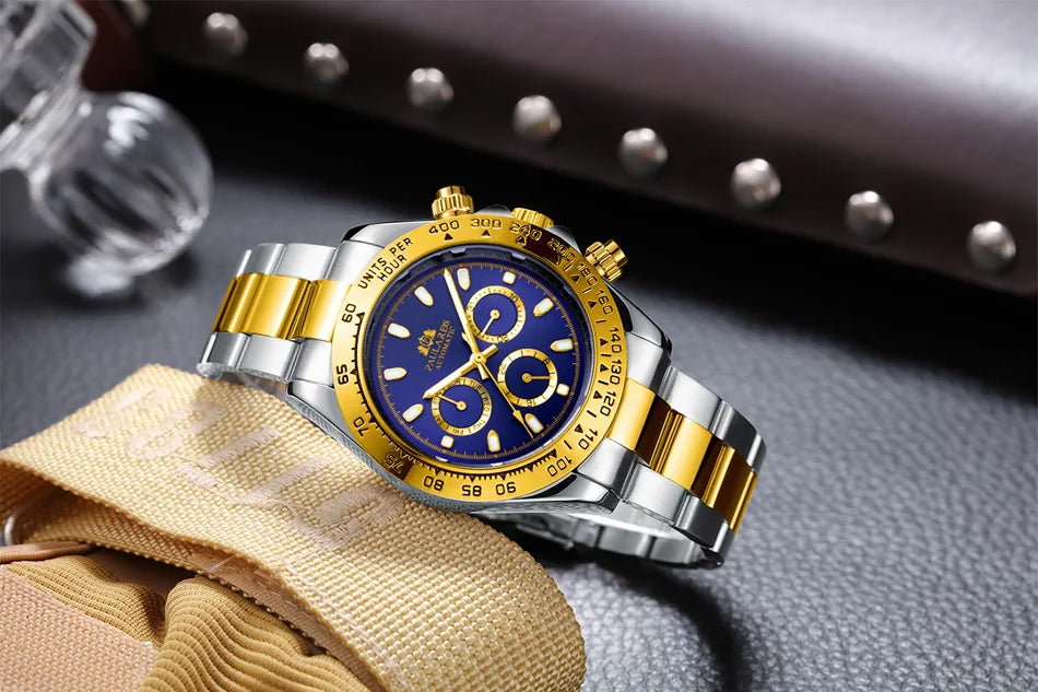 Automatic Watches Self Wind Mechanical Gold Stainless Steel Glacier Ice Blue Dial Chestnut Brown Bezel Luminous Men Watch