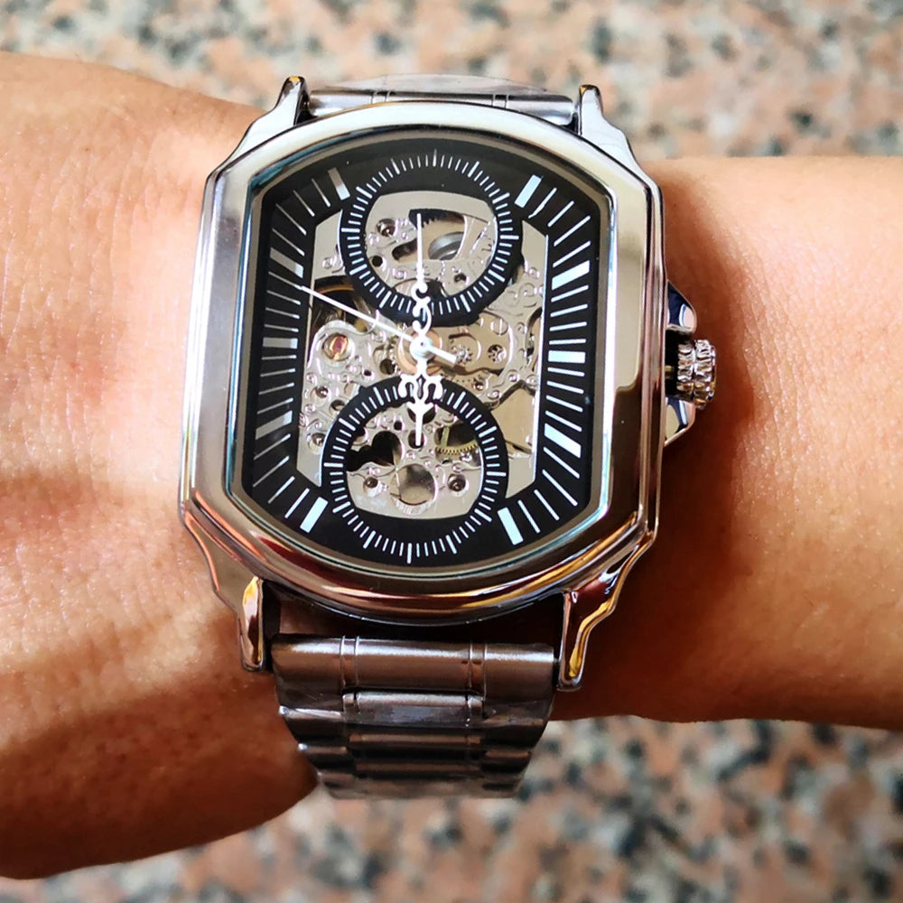 Luxury Mens Watches Tonneau Silver Transparent Skeleton Watch for Men Mechanical Hollow Out Wristwatches Stainless Steel Strap