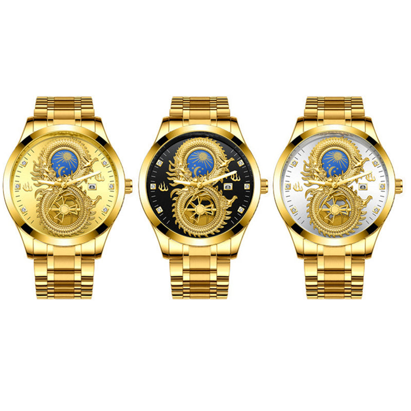 Newly Dragon Phoenix Men's Luxury Business Watch Moon and Star Glow in the Dark Calendar Gold Plated Waterproof