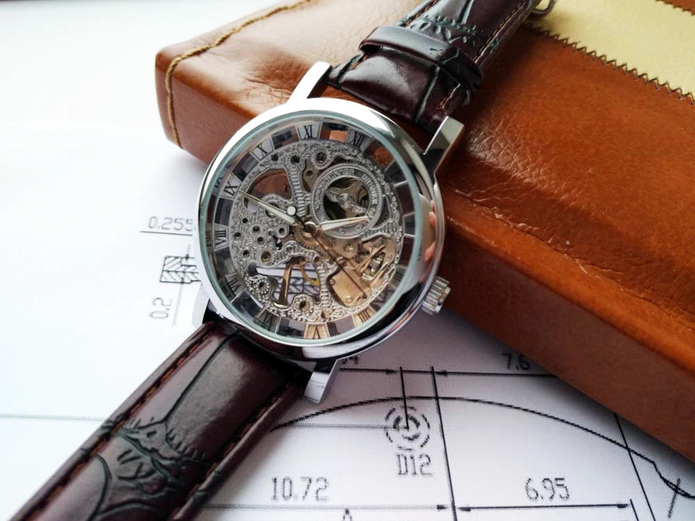 Winner Transparent Golden Case Luxury Casual Design Brown Leather Strap Mens Watches Top Brand Luxury Mechanical Skeleton Watch