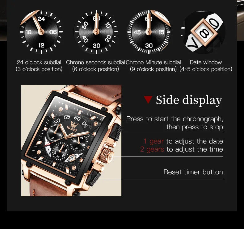 OLEVS Top Brand Male Watches Square Quartz Watch Watch For Men Waterproof Leather Strap Sport Clock Male Relogio Masculino