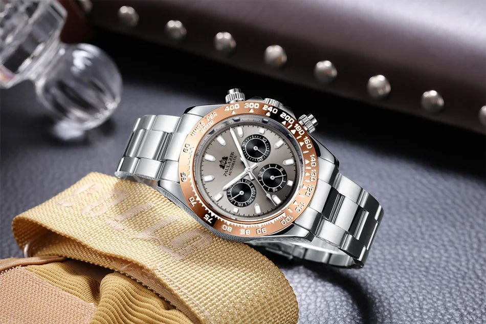 Automatic Watches Self Wind Mechanical Gold Stainless Steel Glacier Ice Blue Dial Chestnut Brown Bezel Luminous Men Watch