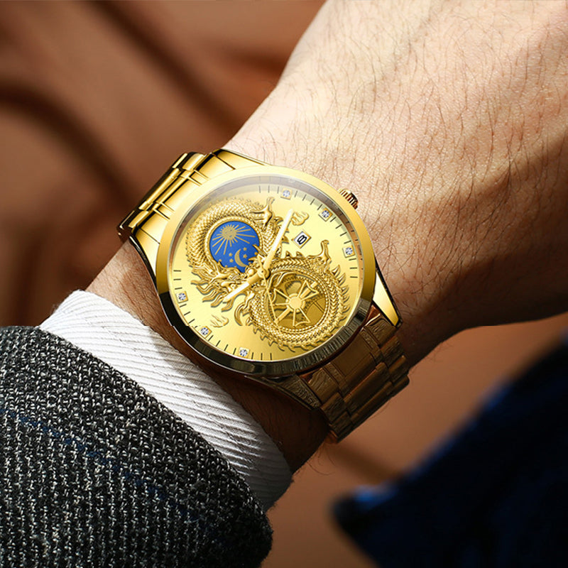 Newly Dragon Phoenix Men's Luxury Business Watch Moon and Star Glow in the Dark Calendar Gold Plated Waterproof