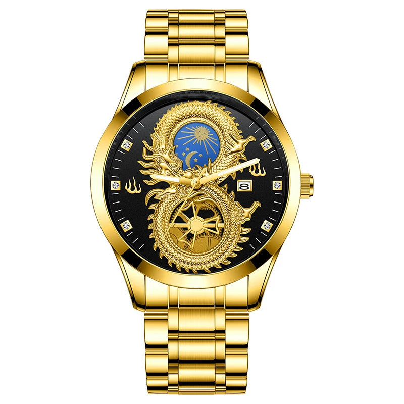 Newly Dragon Phoenix Men's Luxury Business Watch Moon and Star Glow in the Dark Calendar Gold Plated Waterproof