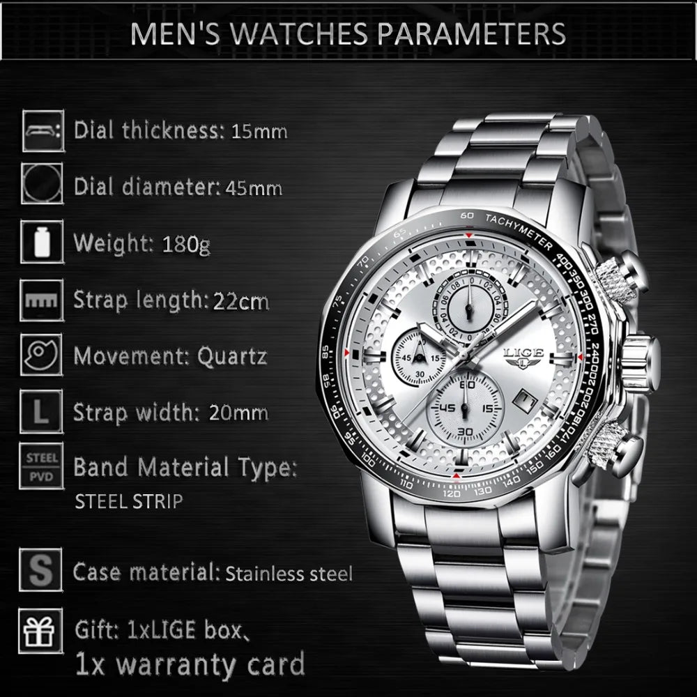 Man Watch LIGE Luxury Stainless Steel Mens Watch Male Military Sport Waterproof Big Watches Men Quartz Clock Relogios Masculino