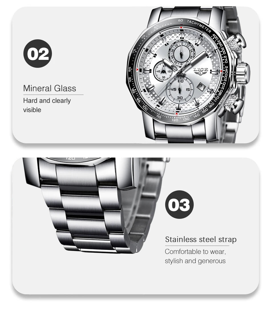 Man Watch LIGE Luxury Stainless Steel Mens Watch Male Military Sport Waterproof Big Watches Men Quartz Clock Relogios Masculino