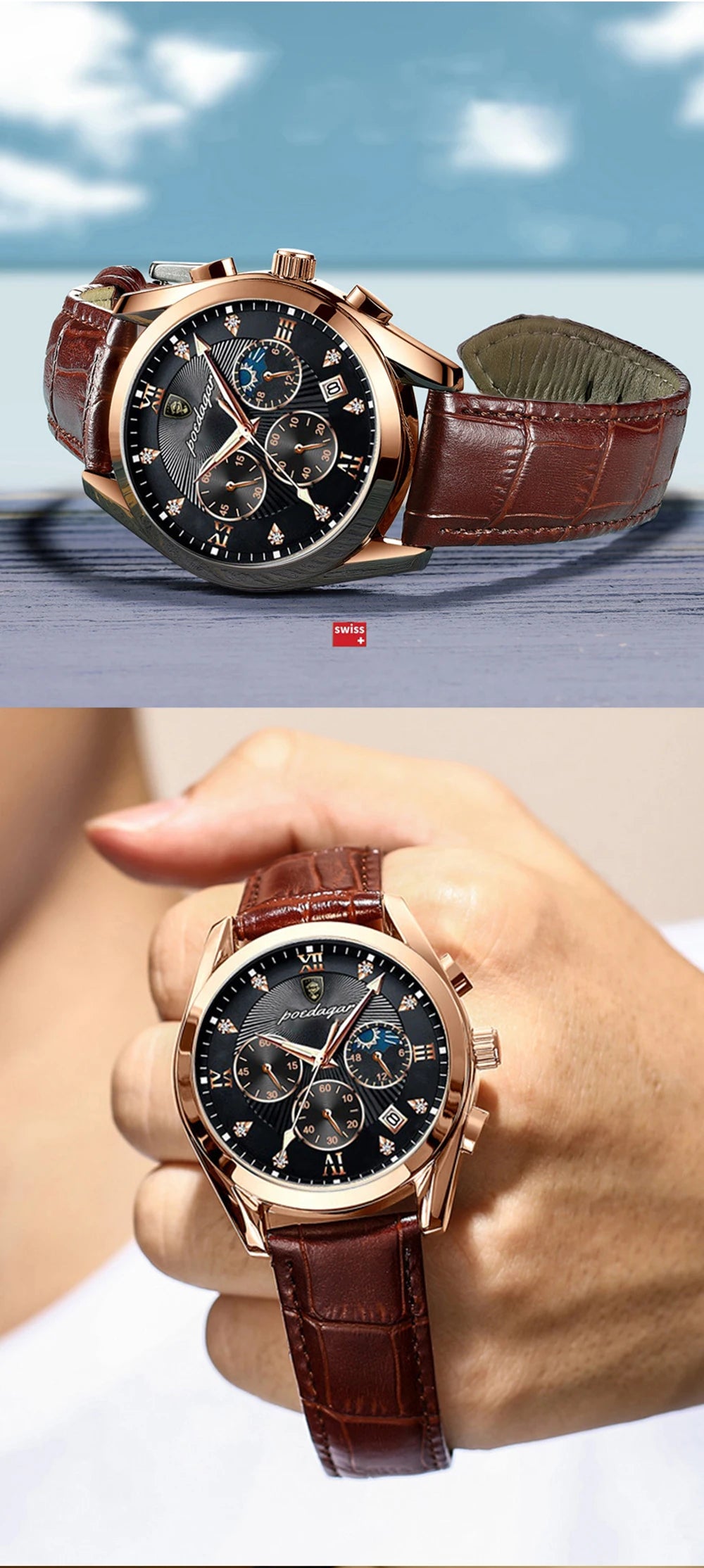 POEDAGAR Men Watch New Top Brand Luxury Waterproof Luminous Sport Wristwatch Quartz Military Genuine Leather Relogio Masculino
