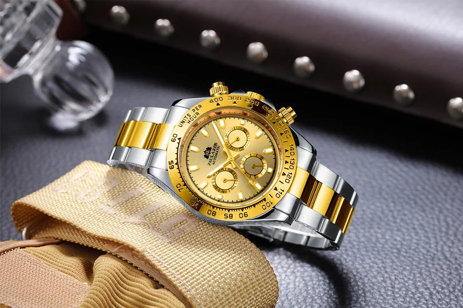 Automatic Watches Self Wind Mechanical Gold Stainless Steel Glacier Ice Blue Dial Chestnut Brown Bezel Luminous Men Watch