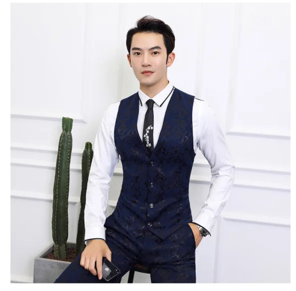 High-end Brand Suit Men Clothing Fashion Business Banquet Wedding Blazers Jacket with Vest and Pants Black / Blue Size 6XL