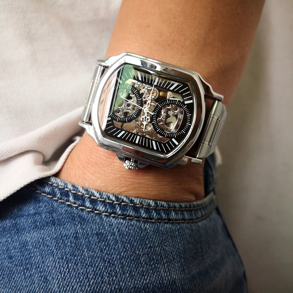 Luxury Mens Watches Tonneau Silver Transparent Skeleton Watch for Men Mechanical Hollow Out Wristwatches Stainless Steel Strap