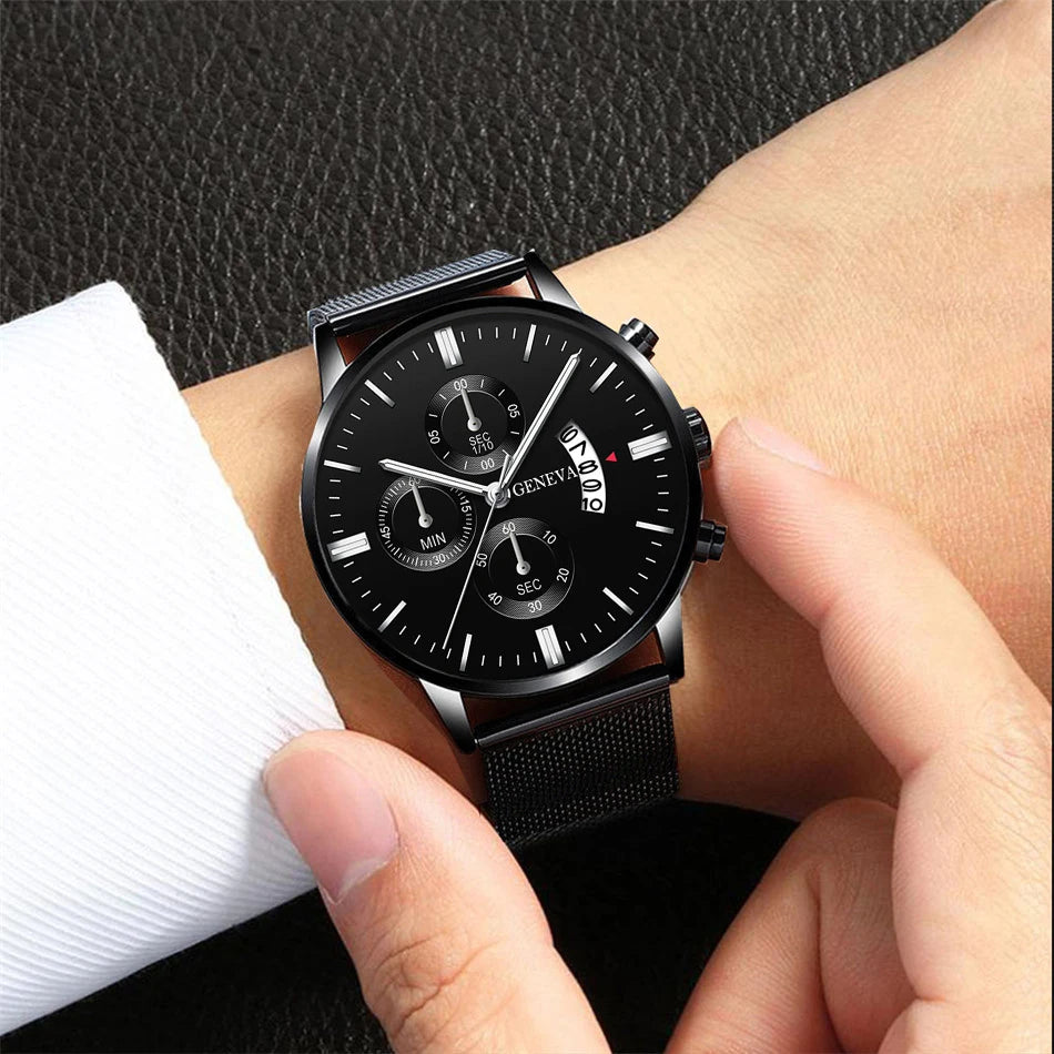 2023 Men's Fashion Business Calendar Watches Men Luxury Blue Stainless Steel Mesh Belt Analog Quartz Watch relogio masculino