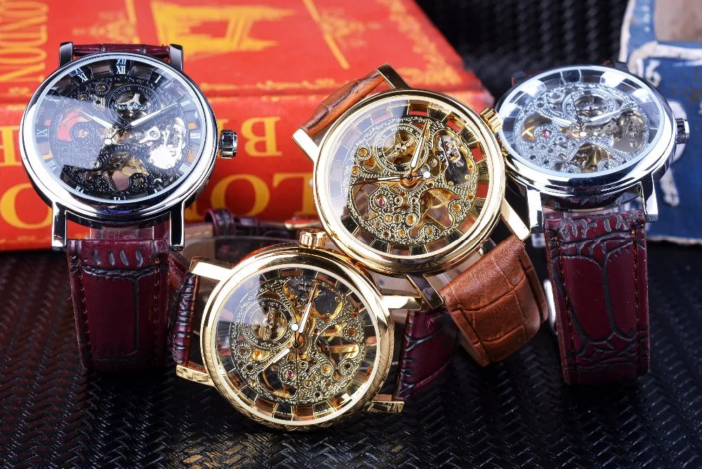 Winner Transparent Golden Case Luxury Casual Design Brown Leather Strap Mens Watches Top Brand Luxury Mechanical Skeleton Watch