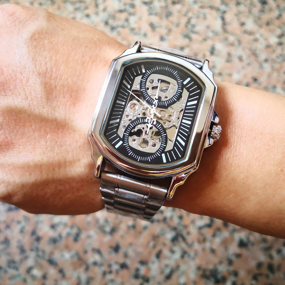 Luxury Mens Watches Tonneau Silver Transparent Skeleton Watch for Men Mechanical Hollow Out Wristwatches Stainless Steel Strap