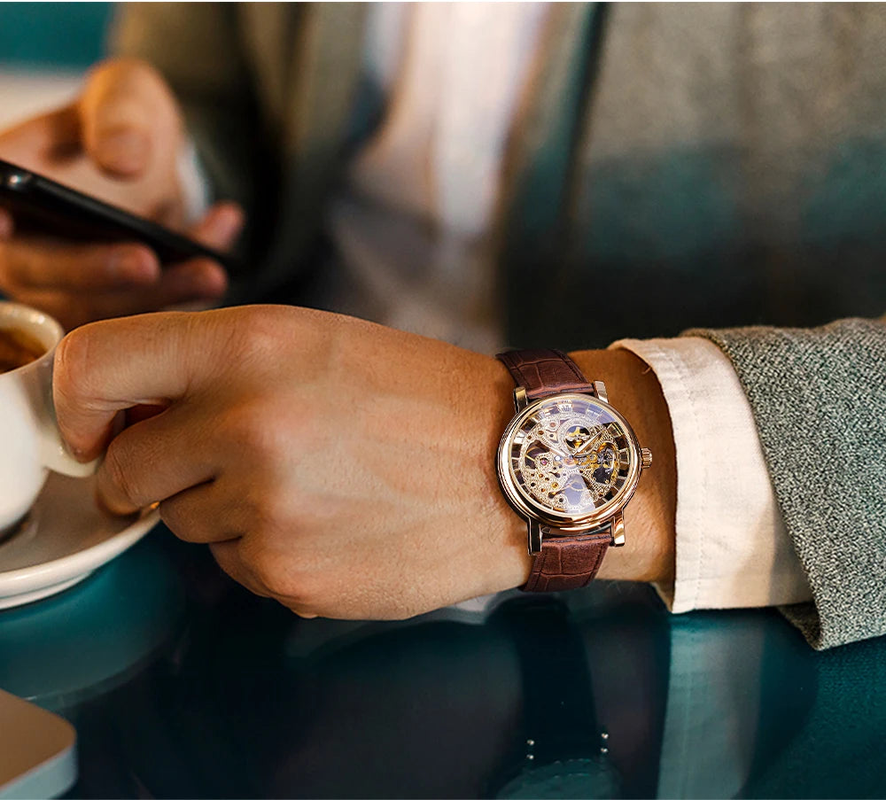 Winner Transparent Golden Case Luxury Casual Design Brown Leather Strap Mens Watches Top Brand Luxury Mechanical Skeleton Watch