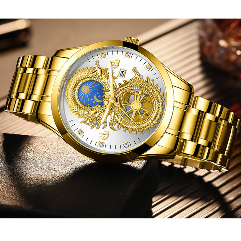 Newly Dragon Phoenix Men's Luxury Business Watch Moon and Star Glow in the Dark Calendar Gold Plated Waterproof