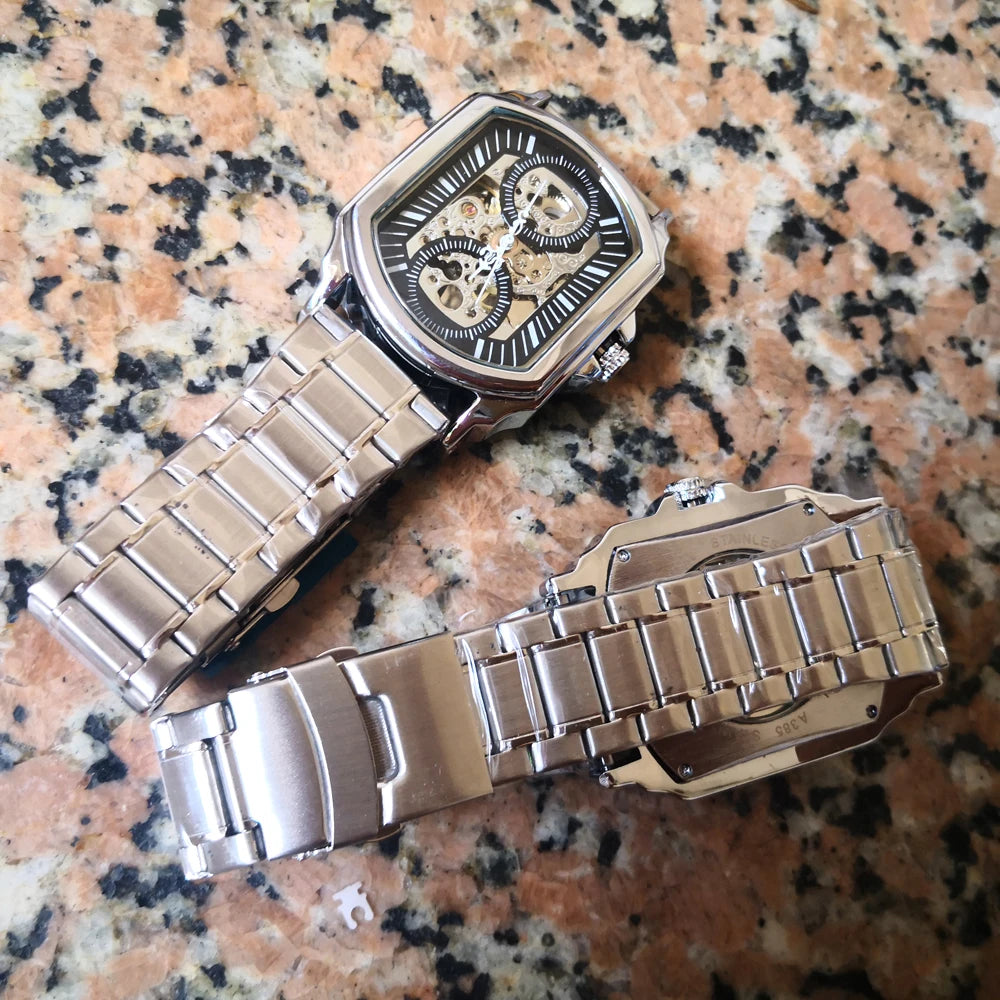 Luxury Mens Watches Tonneau Silver Transparent Skeleton Watch for Men Mechanical Hollow Out Wristwatches Stainless Steel Strap