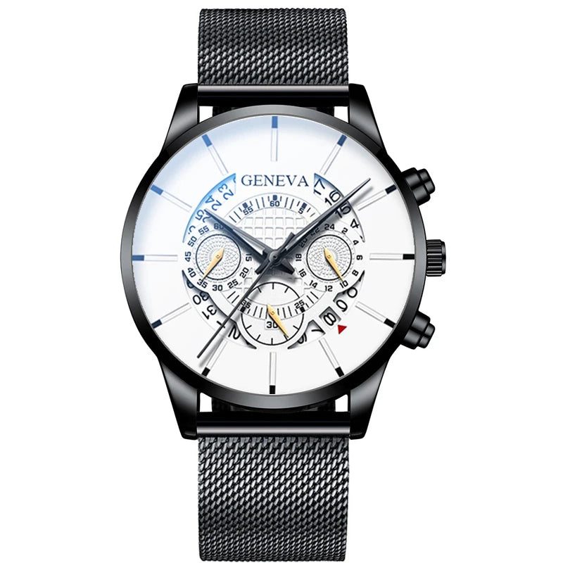 reloj hombre Mens Fashion Business Calendar Watches Blue Stainless Steel Mesh Belt Analog Quartz Wrist Watch relogio masculino