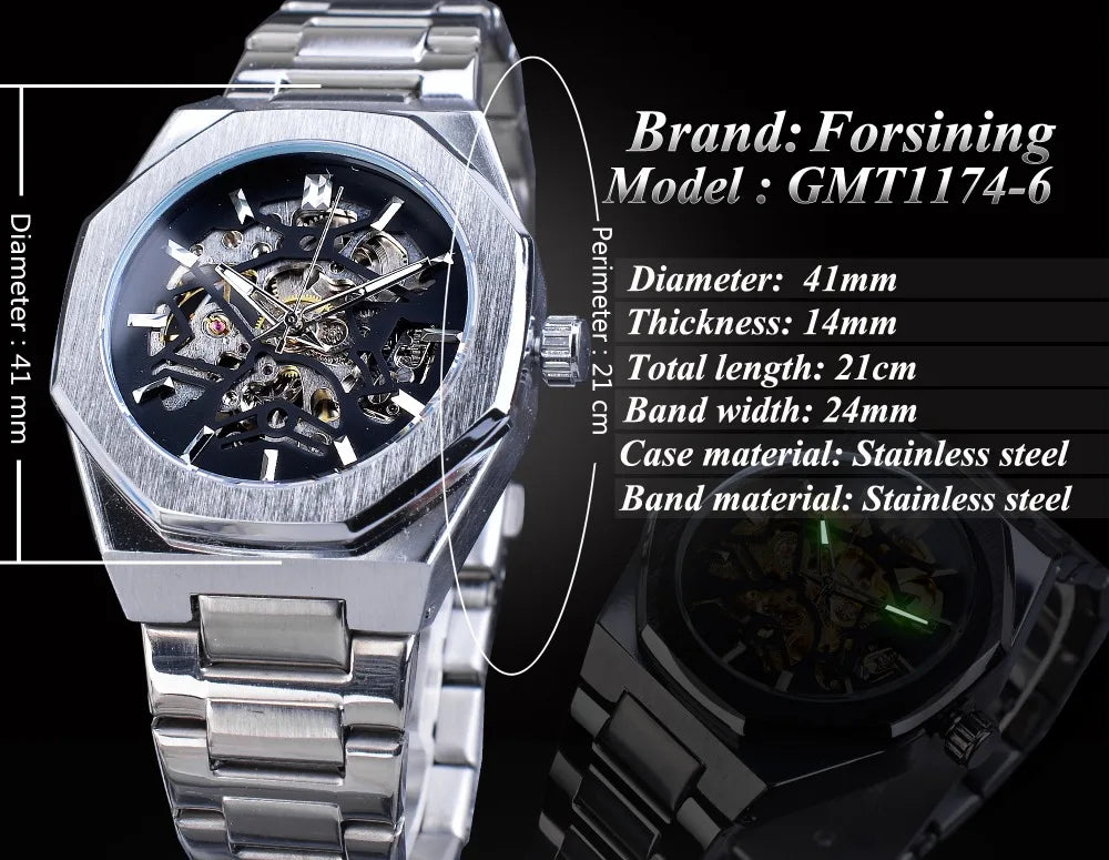 Forsining Fashion Steampunk Men's Automatic Mechanical Watch Hollow Skeleton Design Black Dial Waterproof Business Wristwatches
