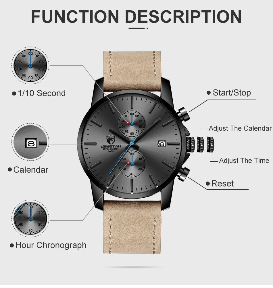 2021 Men Watch CHEETAH Brand Fashion Sports Quartz Watches Mens Leather Waterproof Chronograph Clock Business Relogio Masculino