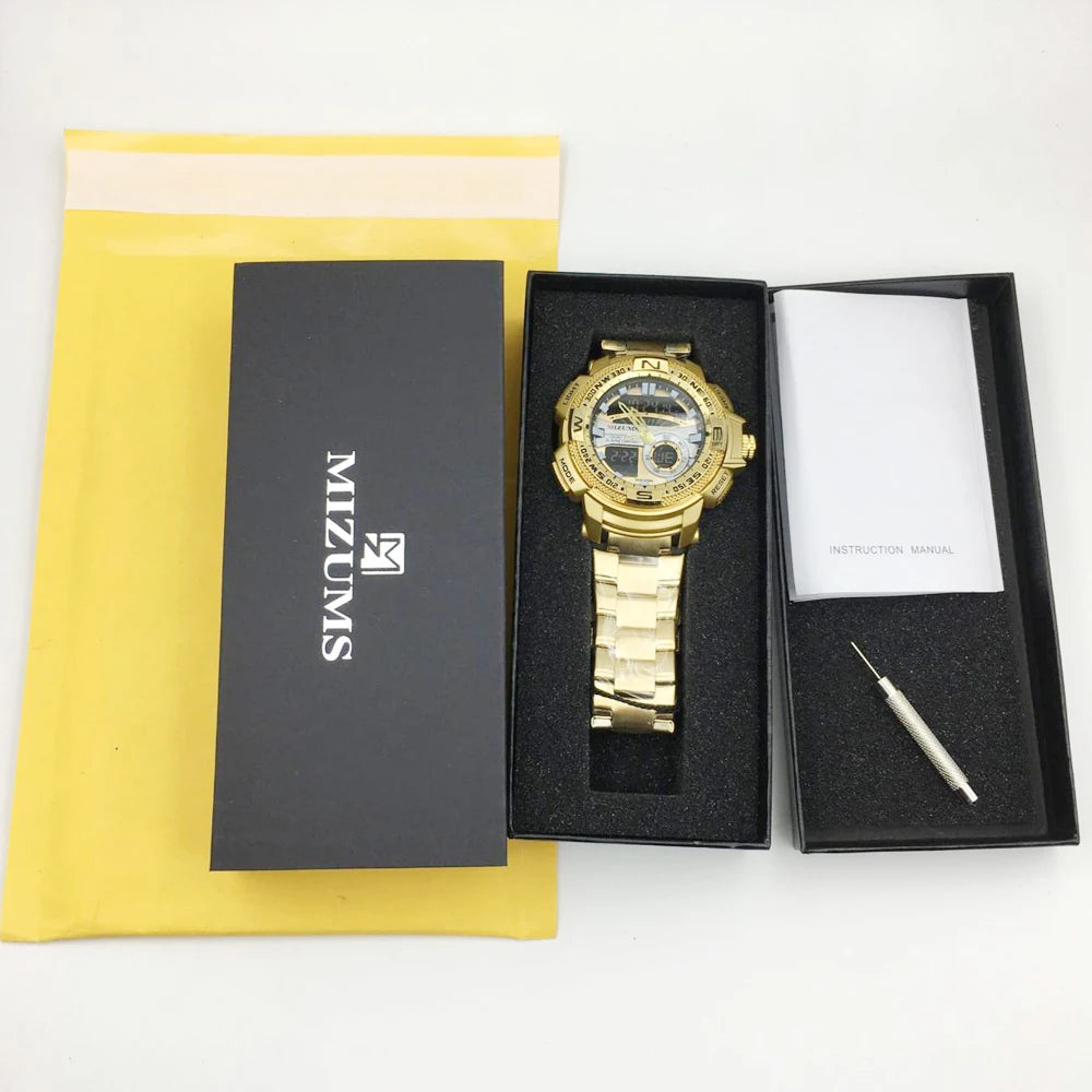 MIZUMS Military Wrist Watches LED Digital Sport Watch Men Gold Stainless Steel Dual Display Quartz Clock Man Relogio Masculino