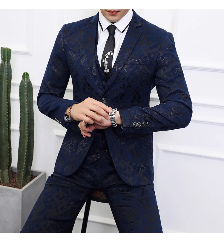 High-end Brand Suit Men Clothing Fashion Business Banquet Wedding Blazers Jacket with Vest and Pants Black / Blue Size 6XL