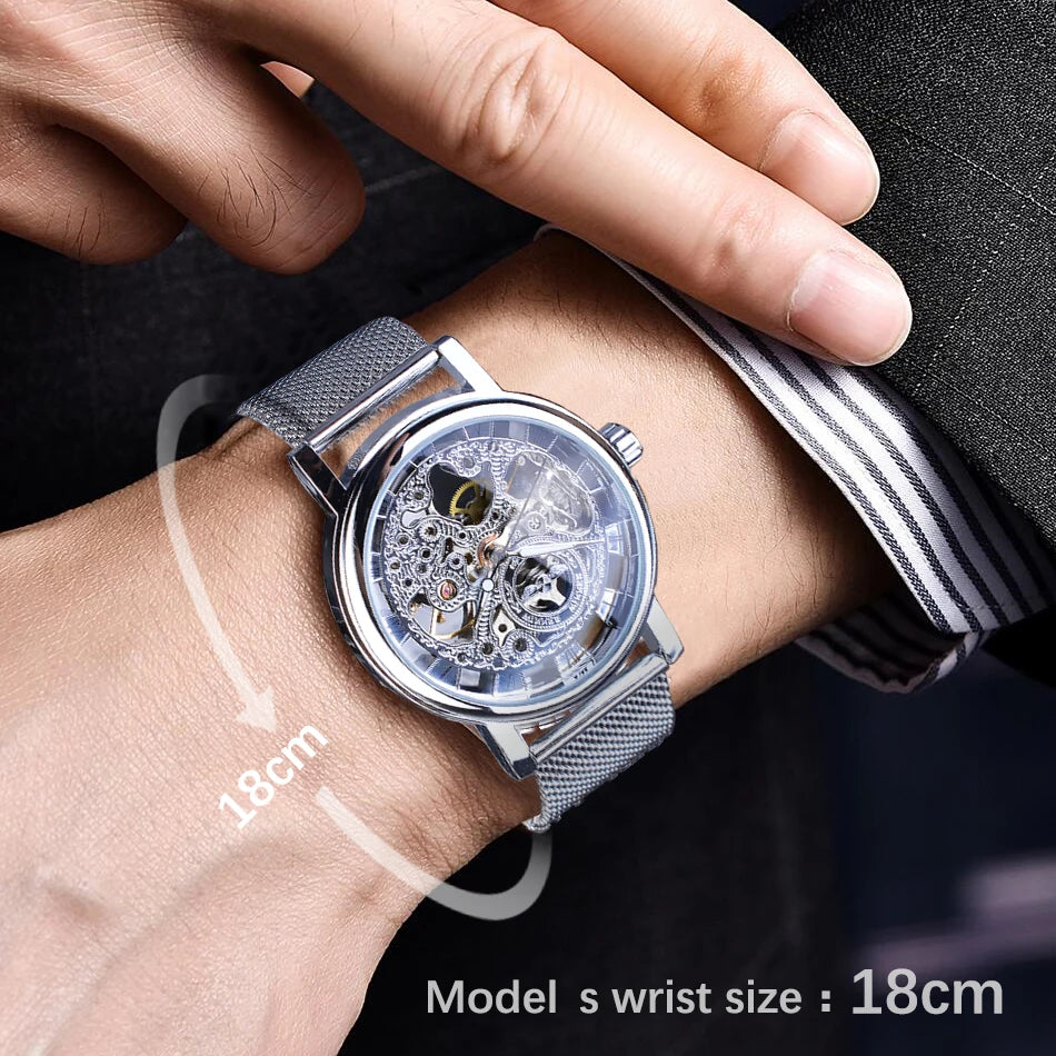 Winner Transparent Golden Case Luxury Casual Design Brown Leather Strap Mens Watches Top Brand Luxury Mechanical Skeleton Watch