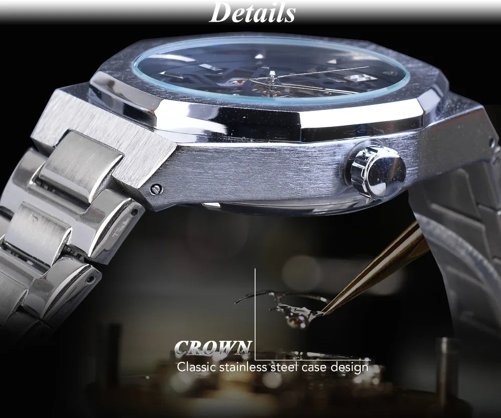 Forsining Fashion Steampunk Men's Automatic Mechanical Watch Hollow Skeleton Design Black Dial Waterproof Business Wristwatches