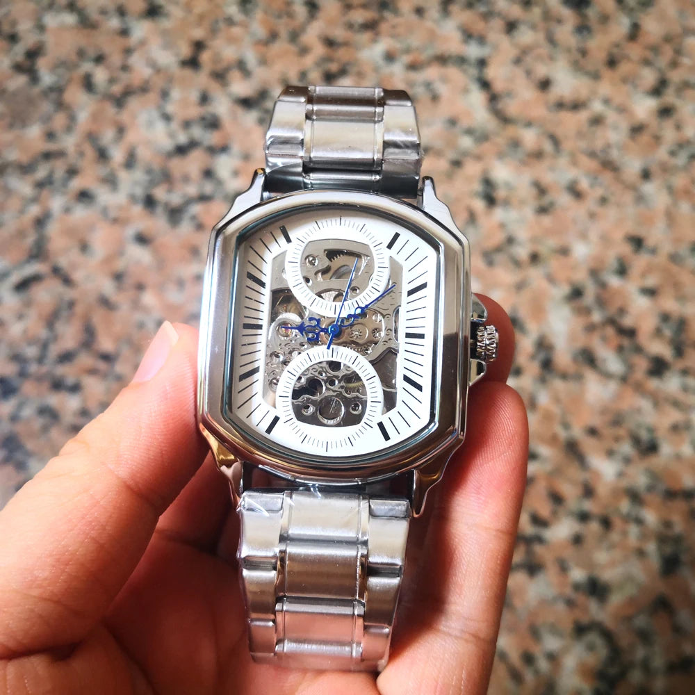 Luxury Mens Watches Tonneau Silver Transparent Skeleton Watch for Men Mechanical Hollow Out Wristwatches Stainless Steel Strap