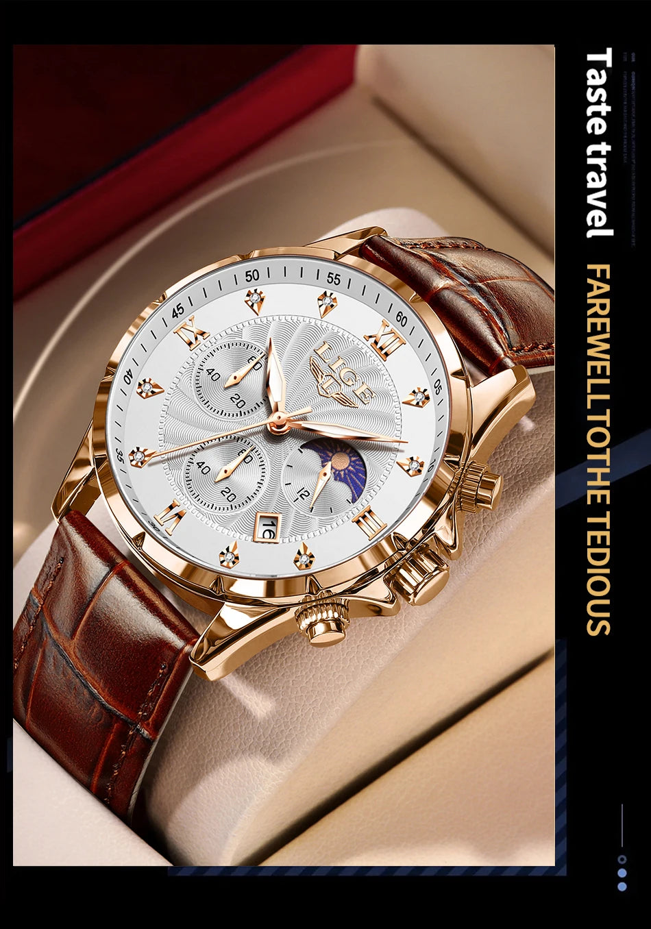 LIGE Men's Watch Luxury Business Luminous Waterproof Leather Watches Moon Phase Week Date Casual Quartz Watch Men Reloj hombre