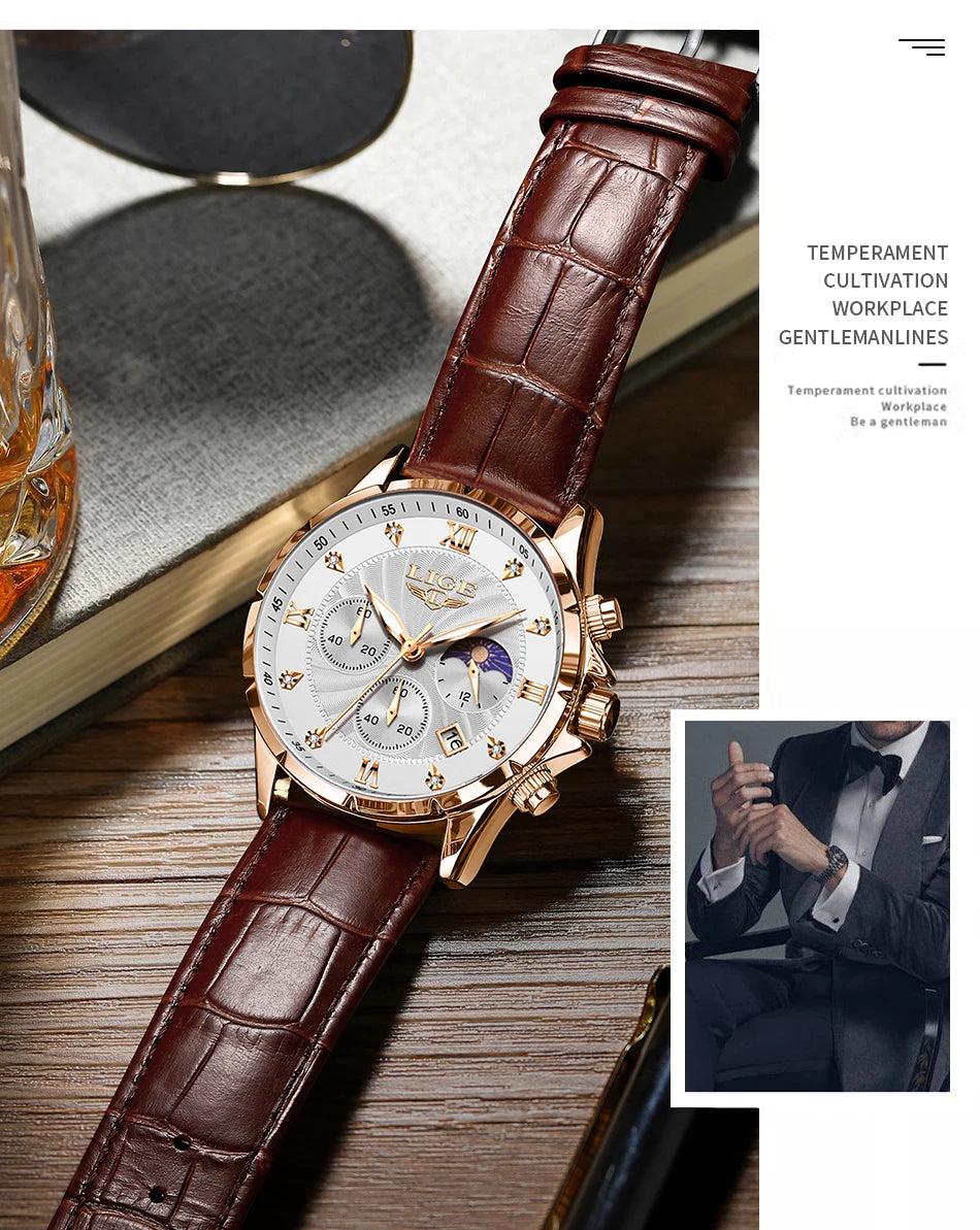 LIGE Men's Watch Luxury Business Luminous Waterproof Leather Watches Moon Phase Week Date Casual Quartz Watch Men Reloj hombre